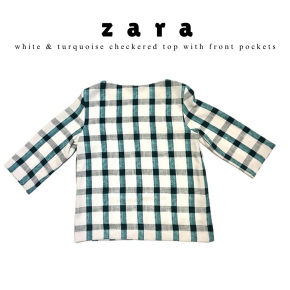 🍭 3/$20 Zara turquoise &white plaid tartan quarter sleeve top with front pockets - Picture 4 of 11